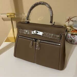 Top Handle Double Front Pocket Leather Satchel 28cm Etaupe